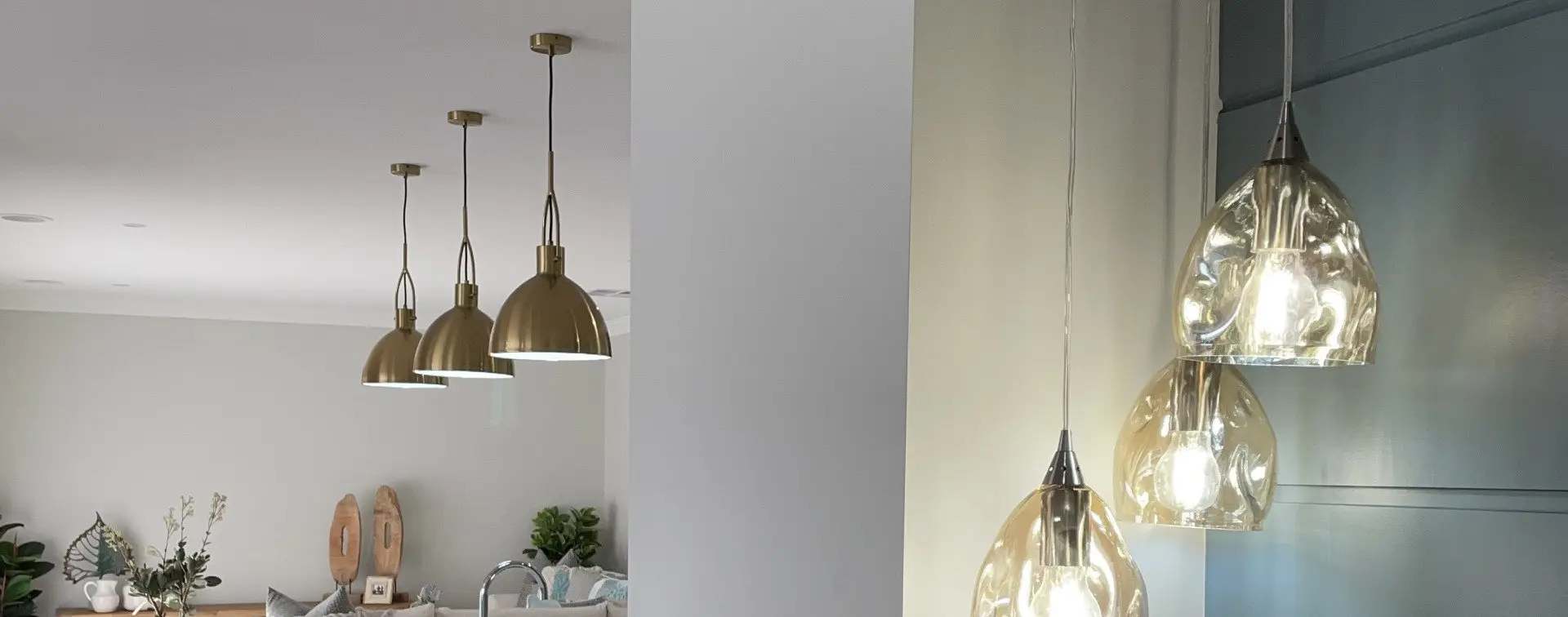 Amber glass and brass pendant lights in an Albury home, supplied by Lighting Bonanza